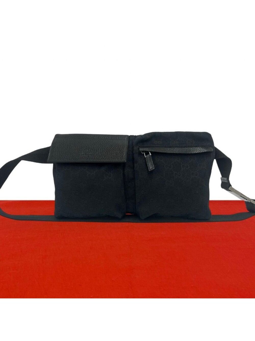 Gucci GG Pattern Logo Stamp Canvas Leather Belt Bag Waist Pouch Black